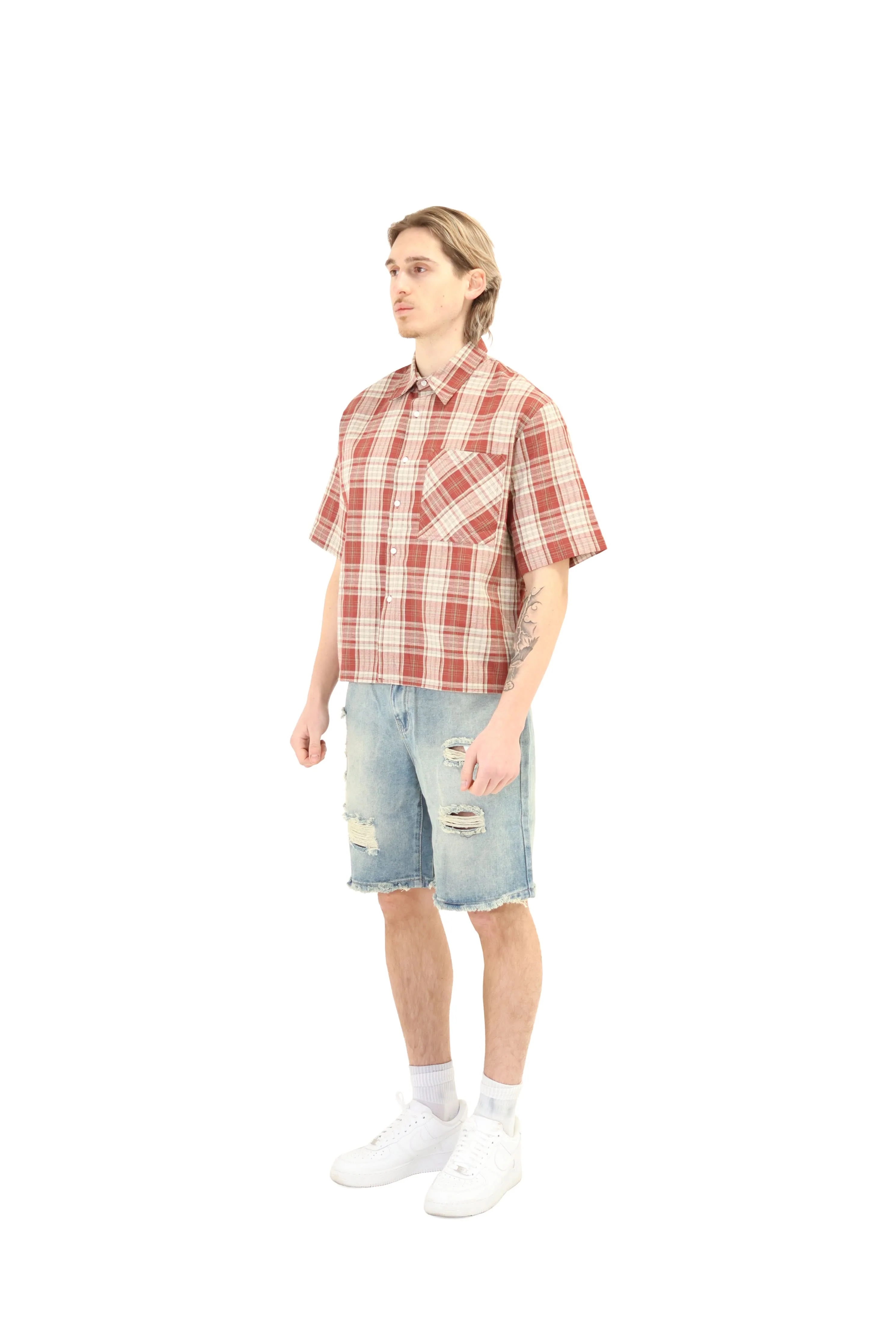 Short Sleeve Cropped Fit Checkered Shirt - Image 19
