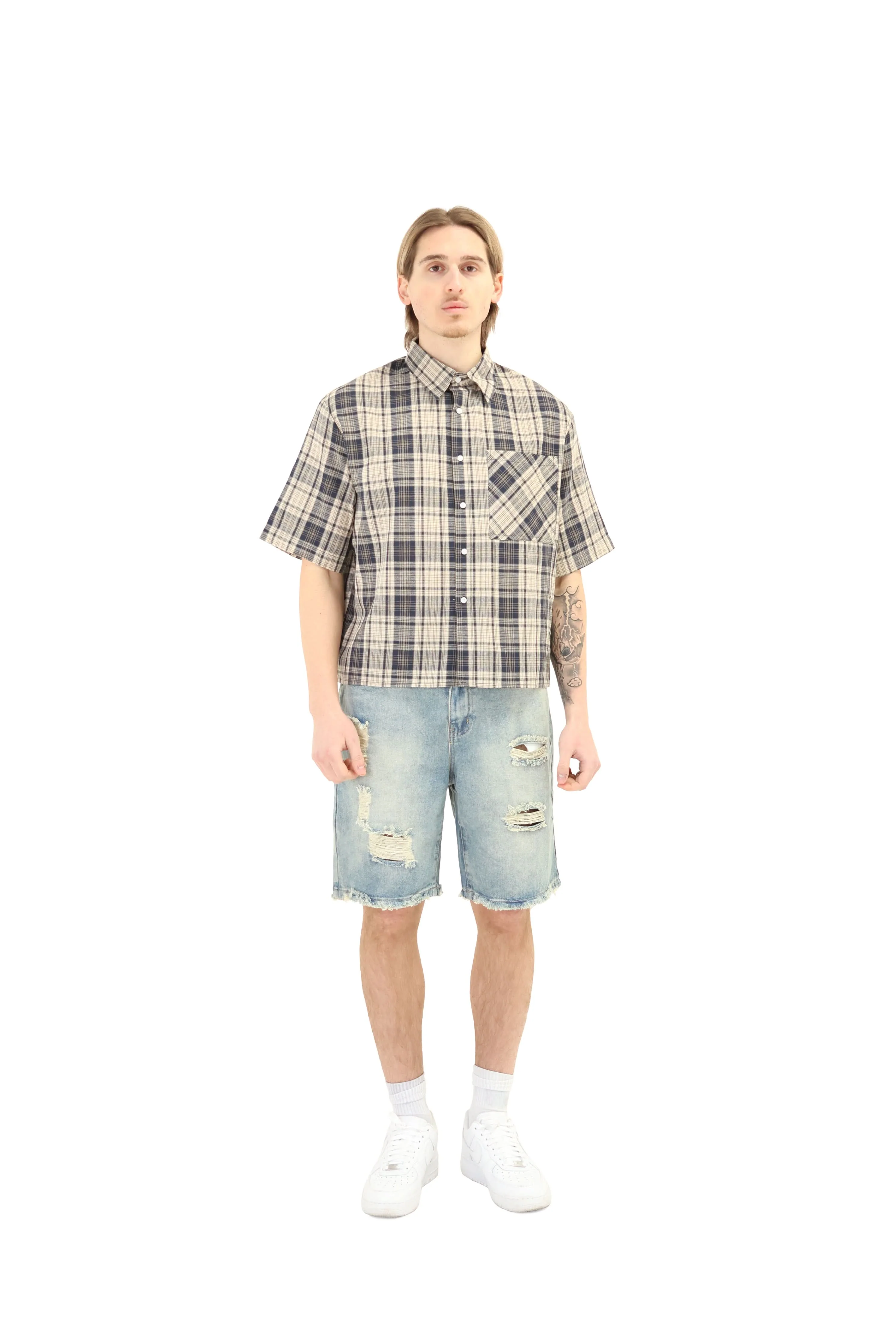 Short Sleeve Cropped Fit Checkered Shirt - Image 26